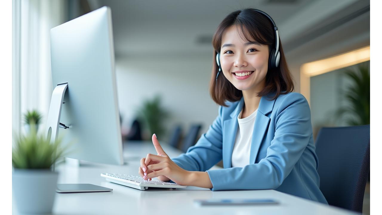 전문가가 고객 문의에 응대하는 모습. 친절하고 신뢰감 있는 분위기.