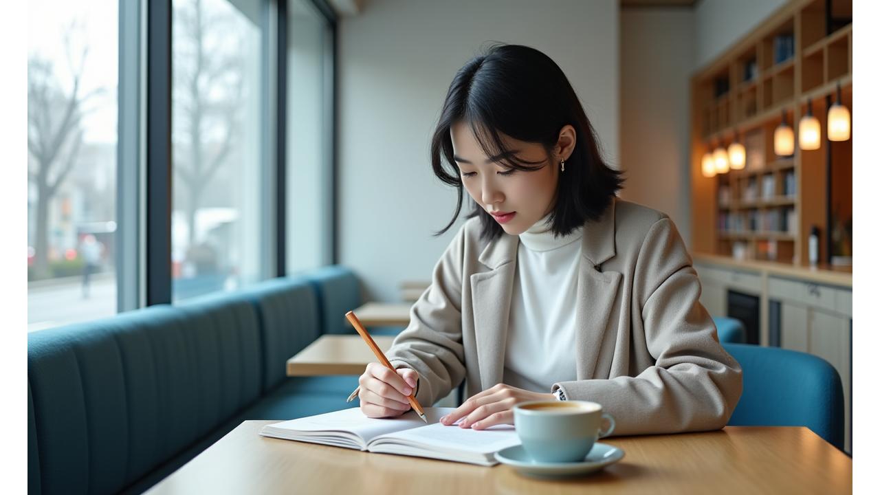 서울의 현대적인 미니멀리스트 카페에서 책을 읽는 젊은 한국인